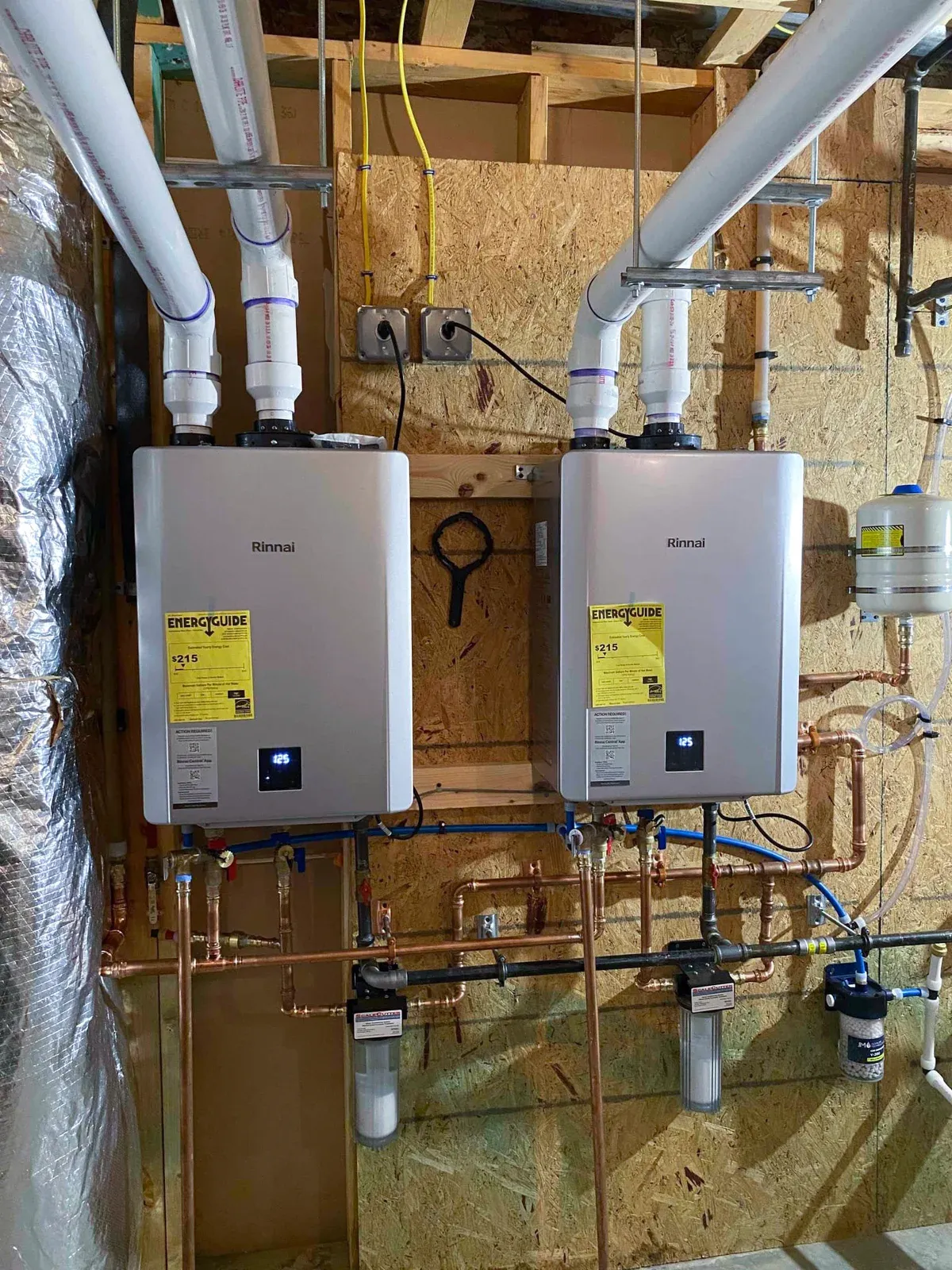 Two Rinnai tankless water heaters installed by Mallick Plumbing & Heating