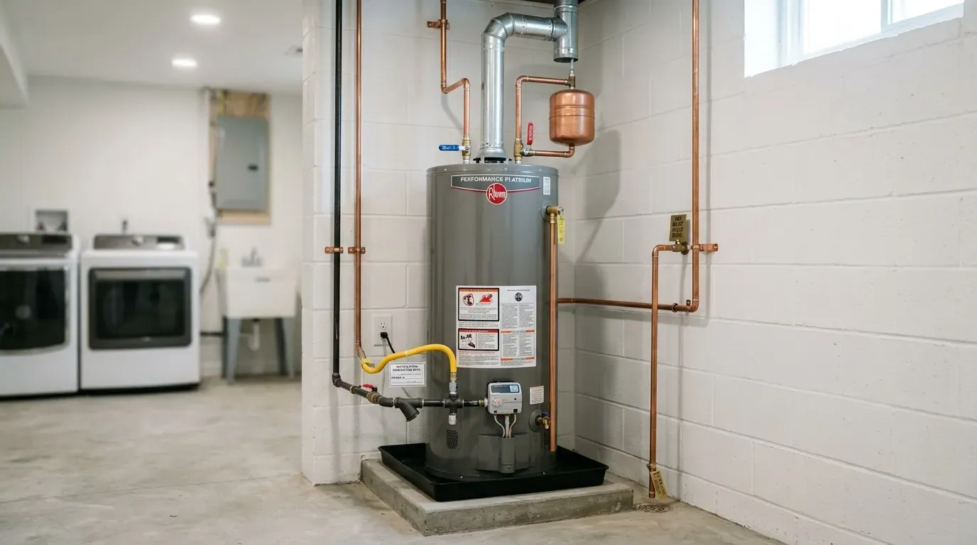 New residential gas tank water heater installed in a utility room of a Gaithersburg, MD home