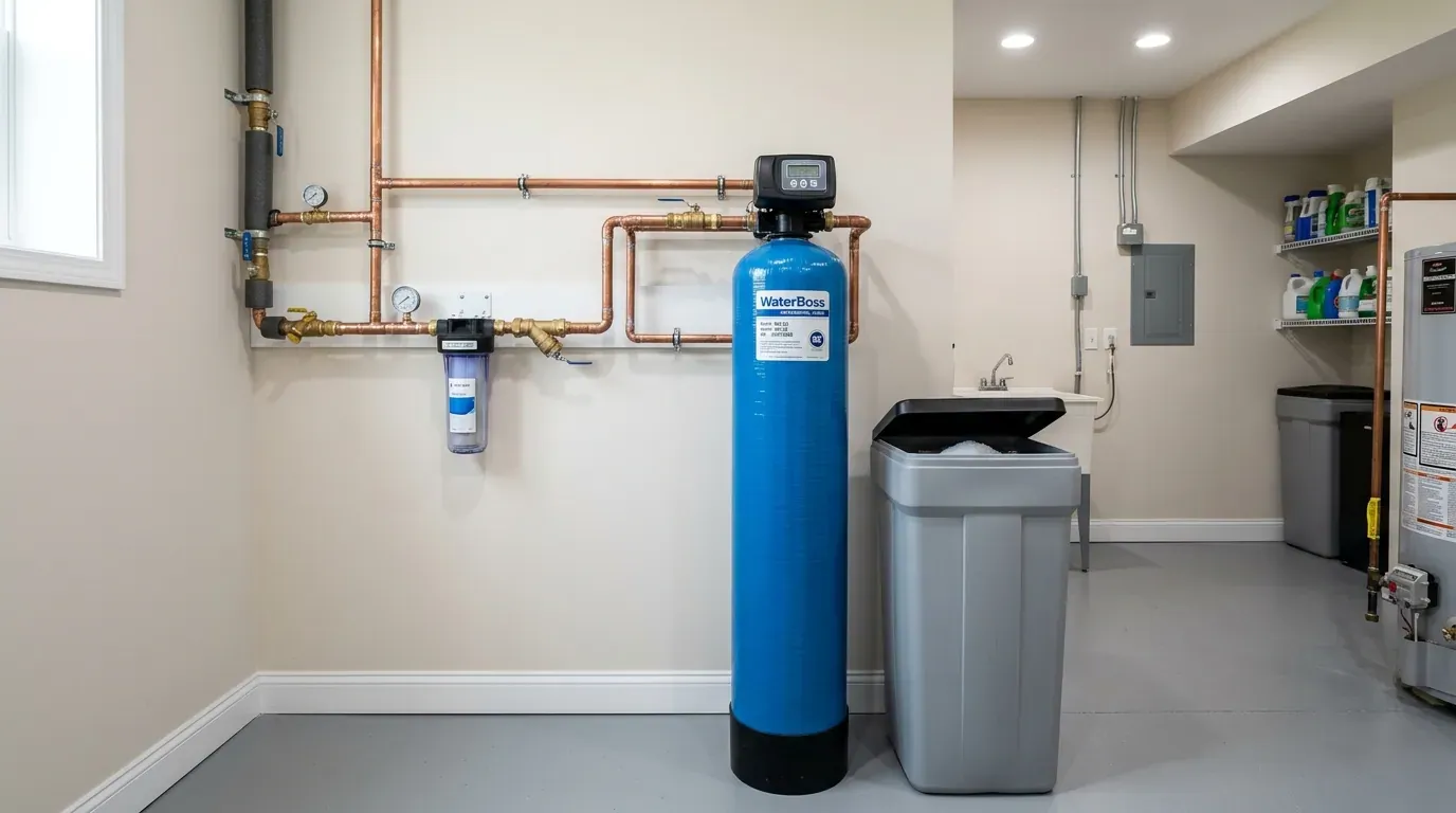 Whole-house water softener tank and brine tank in a Frederick County, MD home