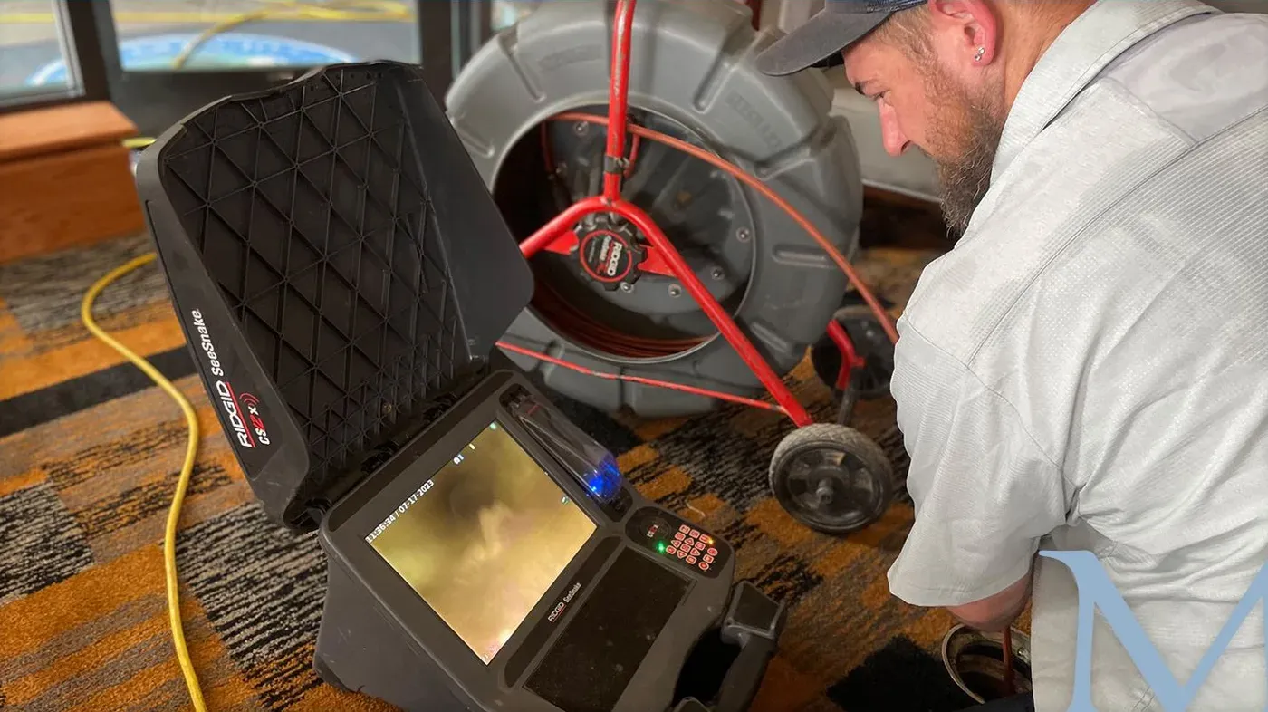 Mallick technician inspecting a sewer line with a video camera